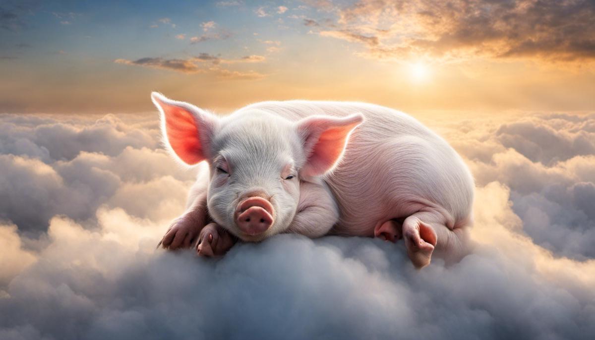 An image of a piglet sleeping and dreaming on a bed of clouds