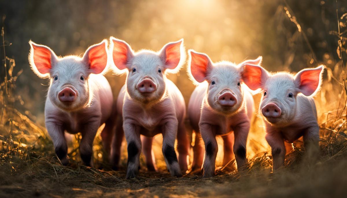 Image depicting a group of piglets surrounded by soft beams of light, representing innocence and transformation.