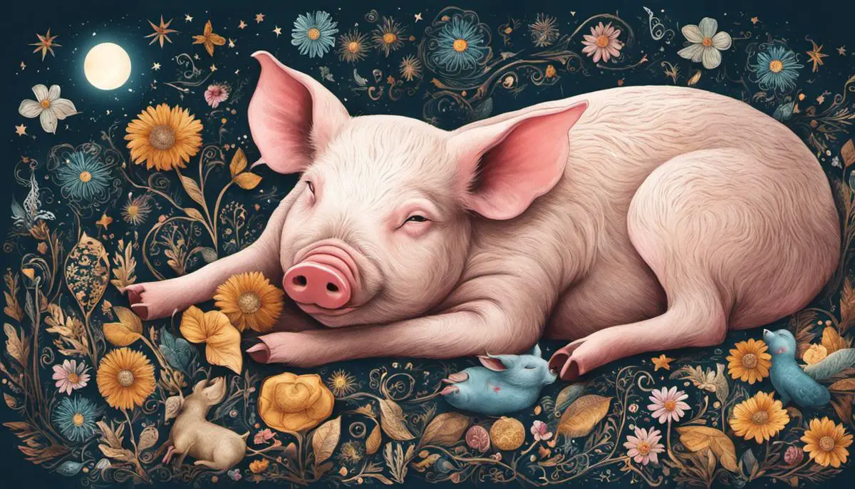Illustration of a piglet sleeping with various dream symbols surrounding it, representing the complex symbolism of piglets in dreams.