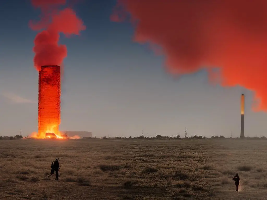 Illustration of a person silhouetted against a red and orange post-apocalyptic landscape with a rising smoke stack in the background.