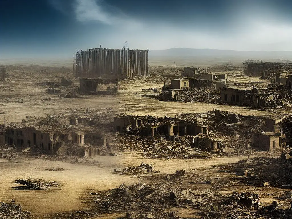 Depiction of a post-apocalyptic world with destroyed buildings and a desolate landscape.