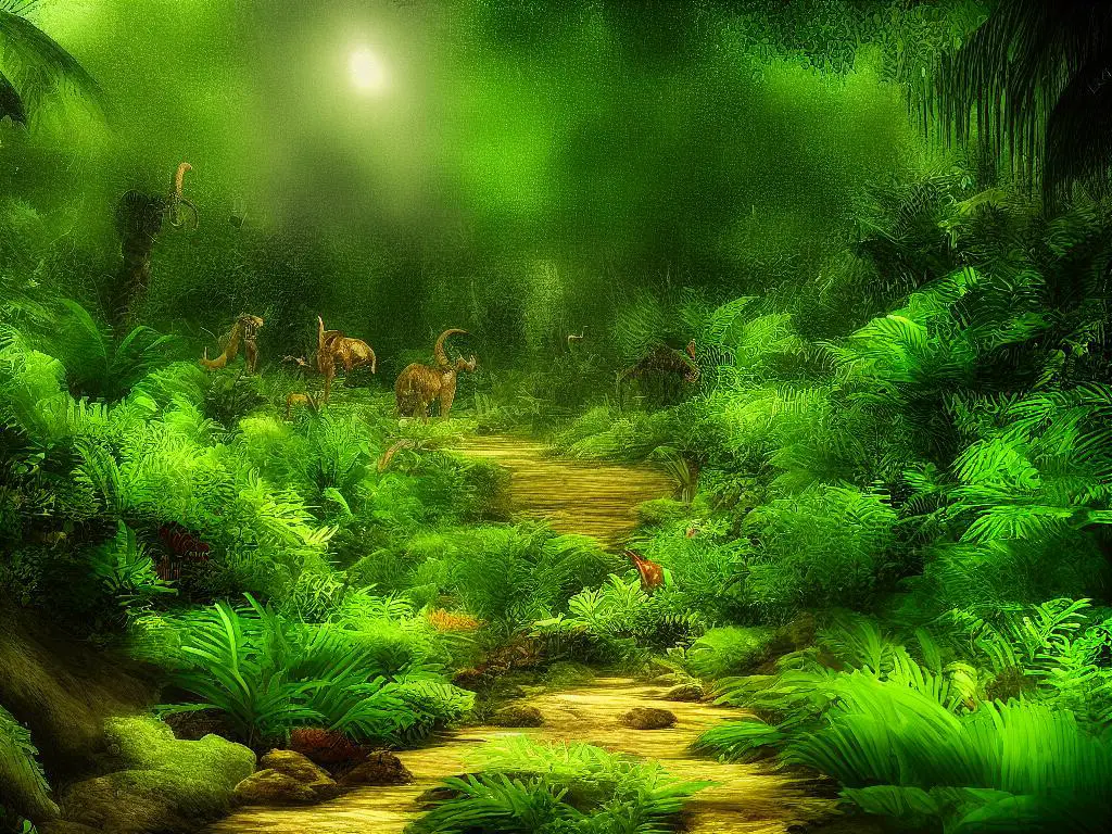 An image of a lush and green prehistoric jungle filled with various creatures roaming around.