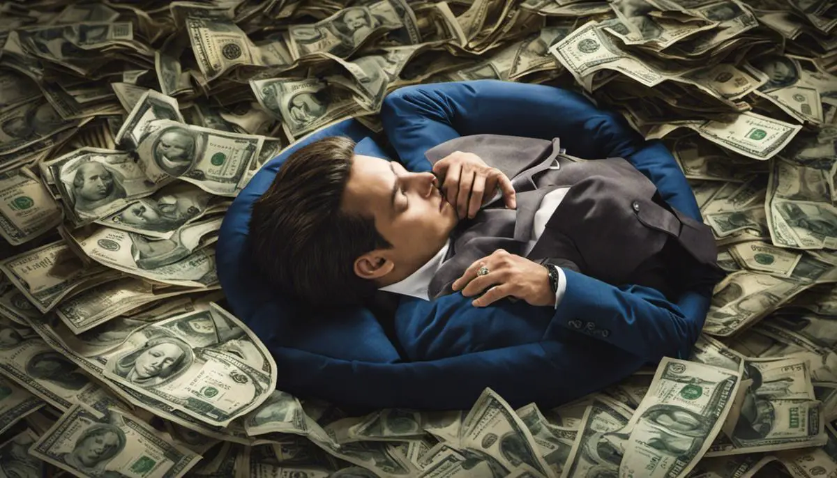 A person sleeping and surrounded by various currency symbols, representing the topic of psychoanalytic perspectives on monetary transactions in dreamscapes and the exploration of dream interpretation in relation to borrowing money in dreams.
