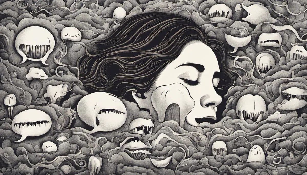 Illustration of a person sleeping with thought bubbles containing images of teeth, representing the various interpretations of teeth dreams
