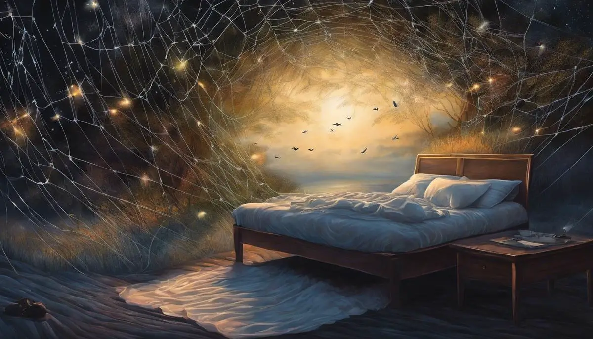 Illustration representing recurring dreams as a tangled web of thoughts and emotions that occurs during sleep.