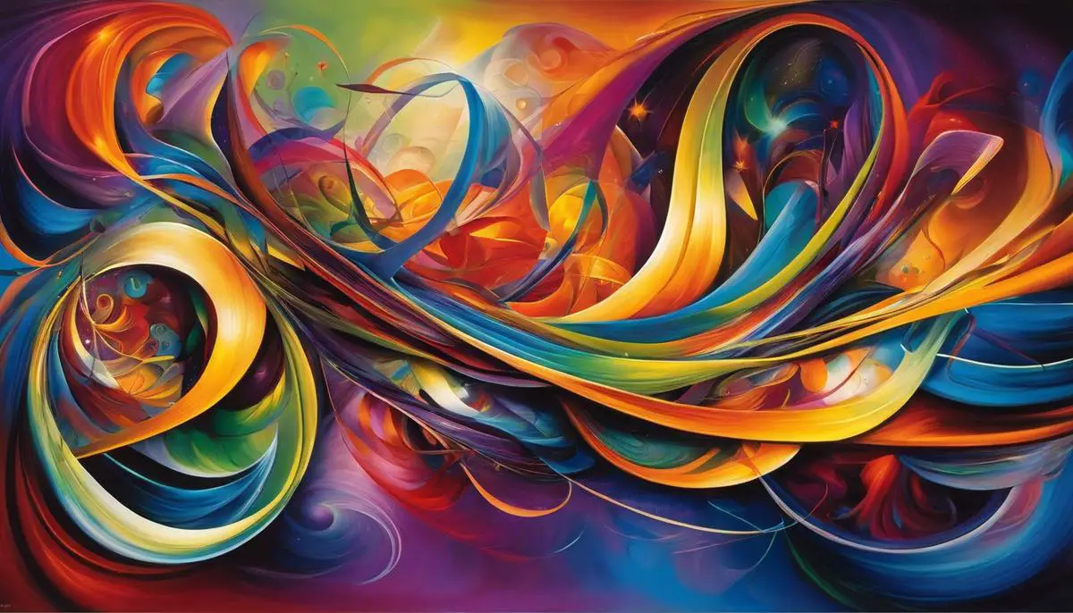 A colorful abstract image with intertwined shapes representing the complexity and interconnectedness of dreams and emotional/psychological states.
