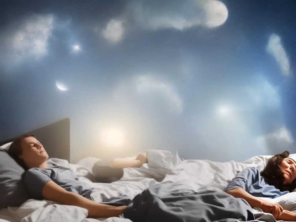 A person sleeping in bed with a thought bubble above them filled with images of clouds, suns and other symbols related to dreaming