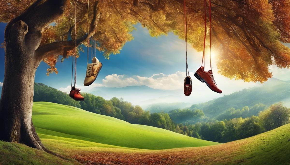 An image of a dreamy landscape with shoes hanging from trees, symbolizing the various shoe dream scenarios discussed in the text.