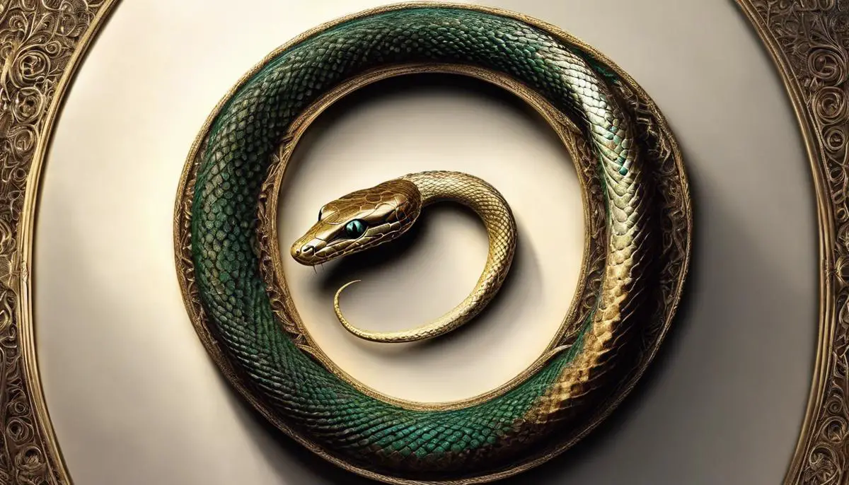 An image of a snake wrapping around a symbol, representing the complex symbolism of snakes in Islamic dream interpretation.