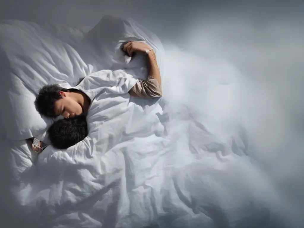 A person sleeping in bed, with a thought cloud of a person being strangled with hands around their neck floating above them.