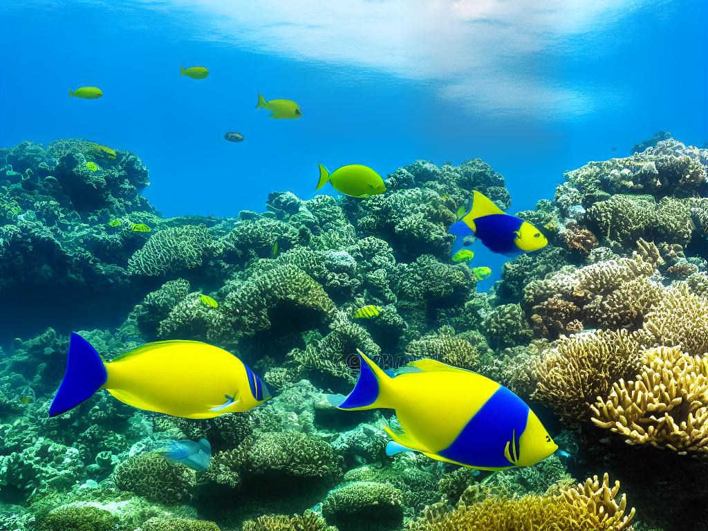 A person swimming with blue and yellow fish in a vibrant blue ocean