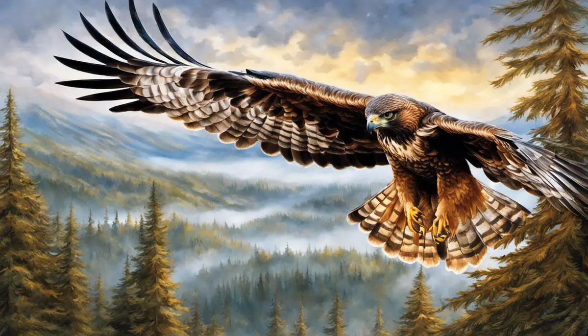 Illustration of a hawk flying in the sky with vivid eyesight, representing the symbolism of hawks, their clarity, and spiritual connection.
