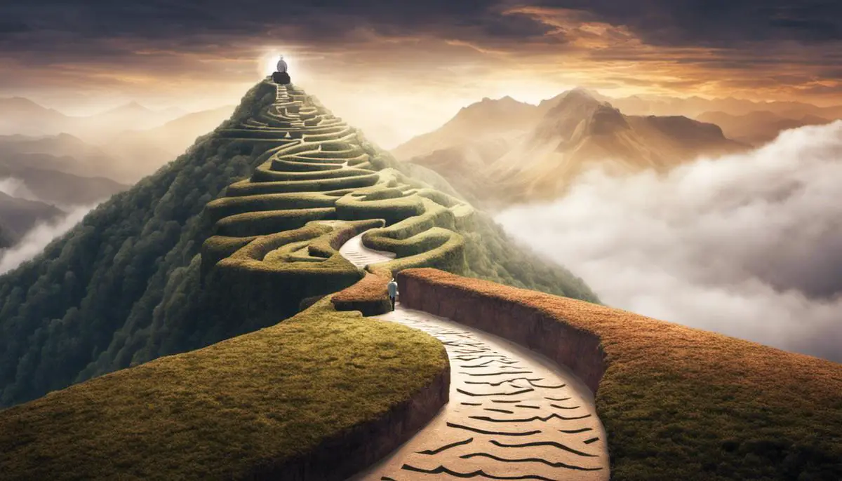 Abstract image representing the symbolism of old men in dreams, showcasing a maze-like path leading towards an old man figure standing atop a mountain