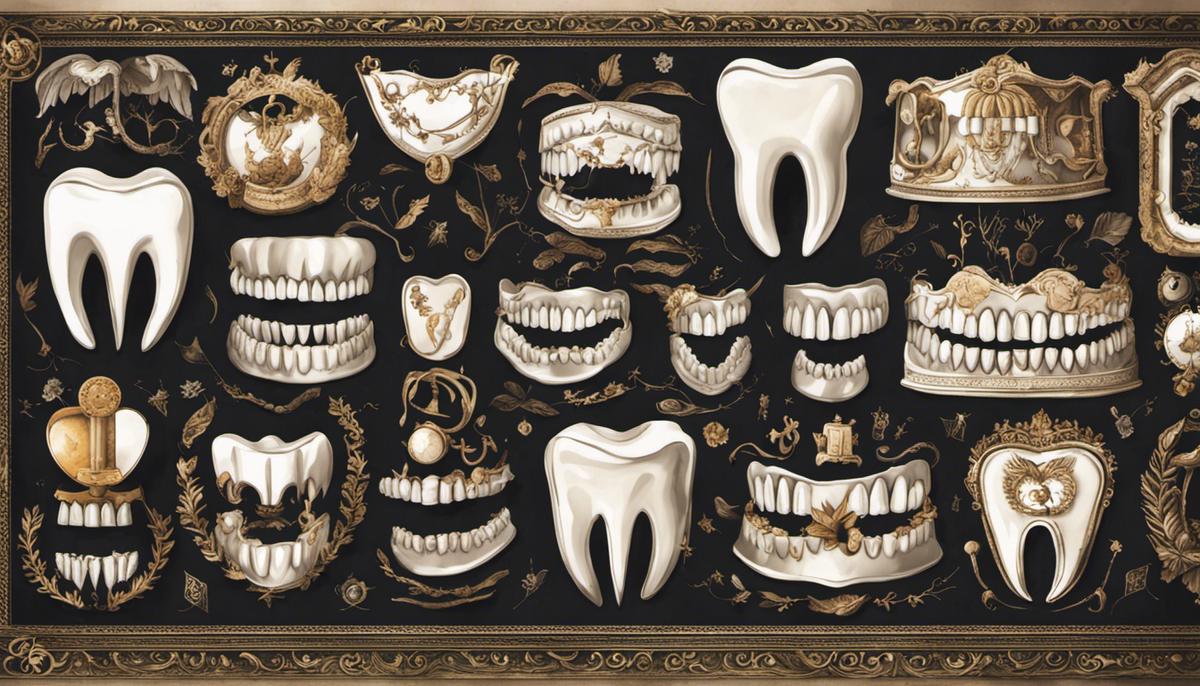Illustration of teeth with various symbols representing power, confidence, decay, aging, health concerns, and loss of personal power