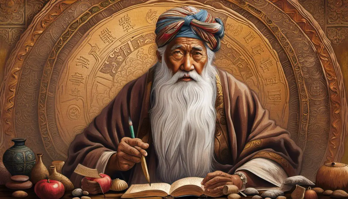 An image showing various cultural symbols and an old man representing wisdom and guidance.