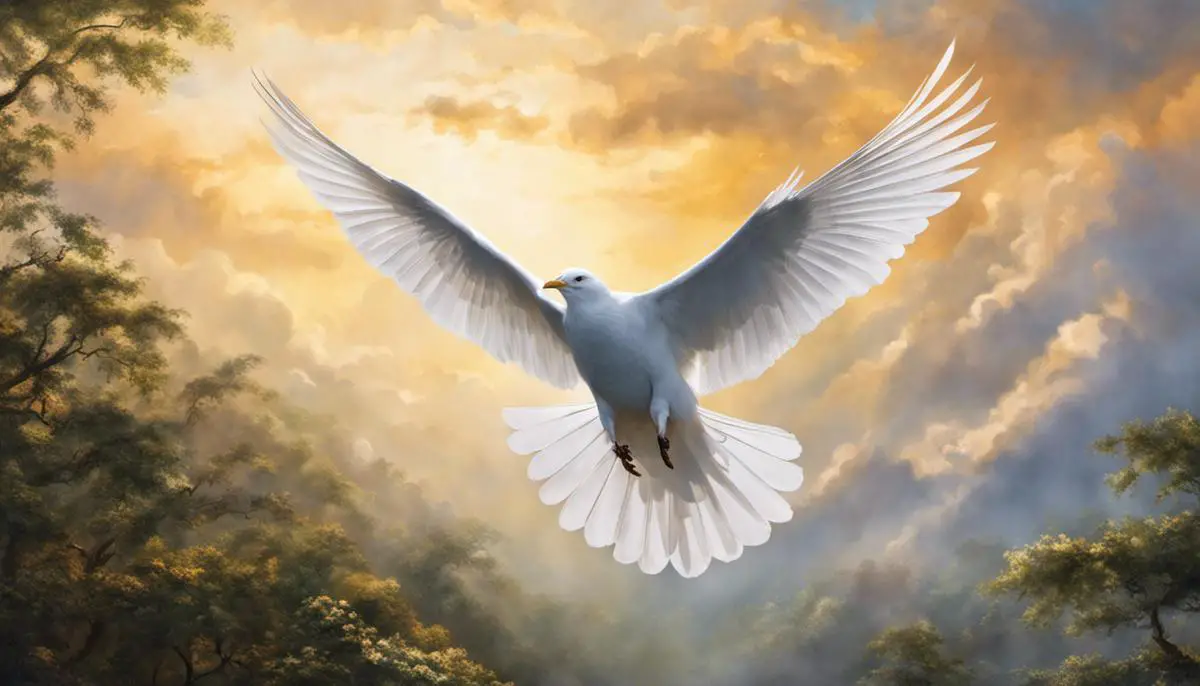 A white bird soaring in the sky, representing spiritual transcendence