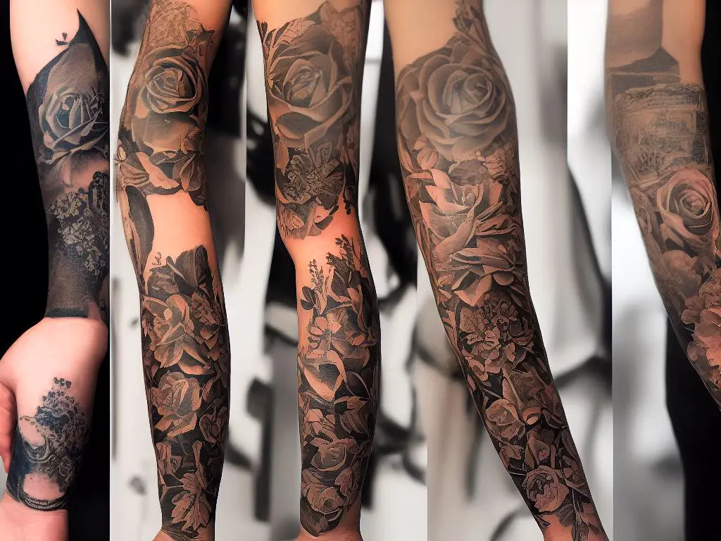 A person's forearm with various tattoo designs, representing the symbolism and significance of tattoos in dreams