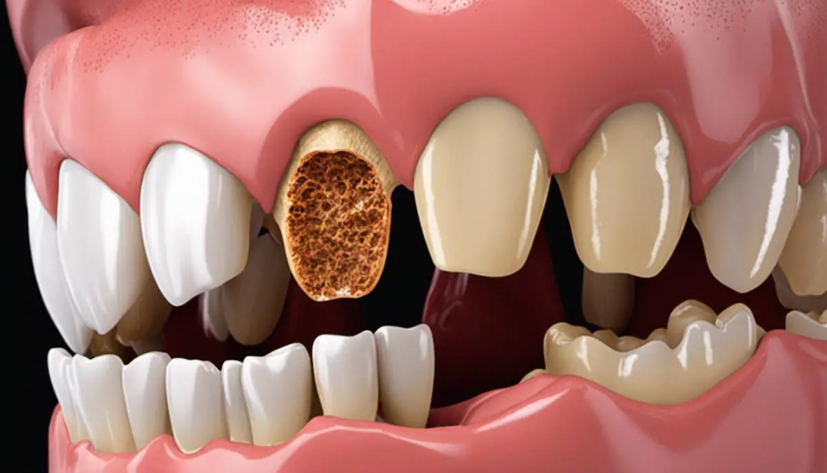 An image of tooth decay showing cavities and eroded enamel.