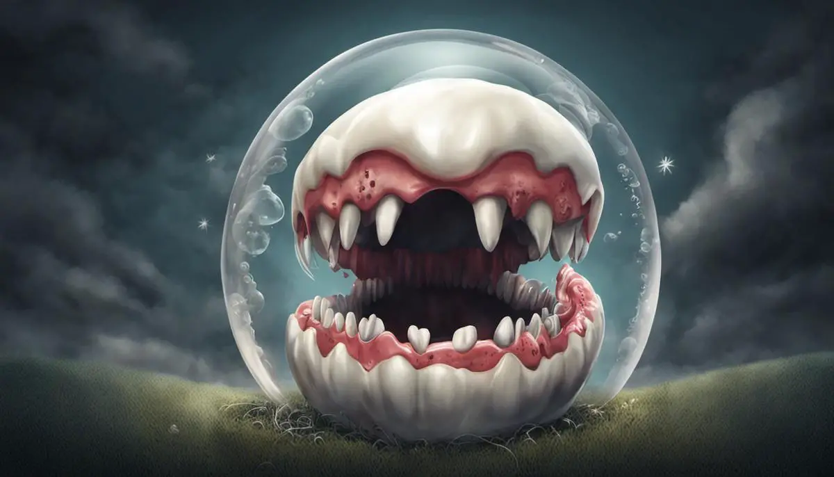 Illustration of a dream bubble with a tooth decaying inside, representing teeth decaying dreams and personal insecurities.