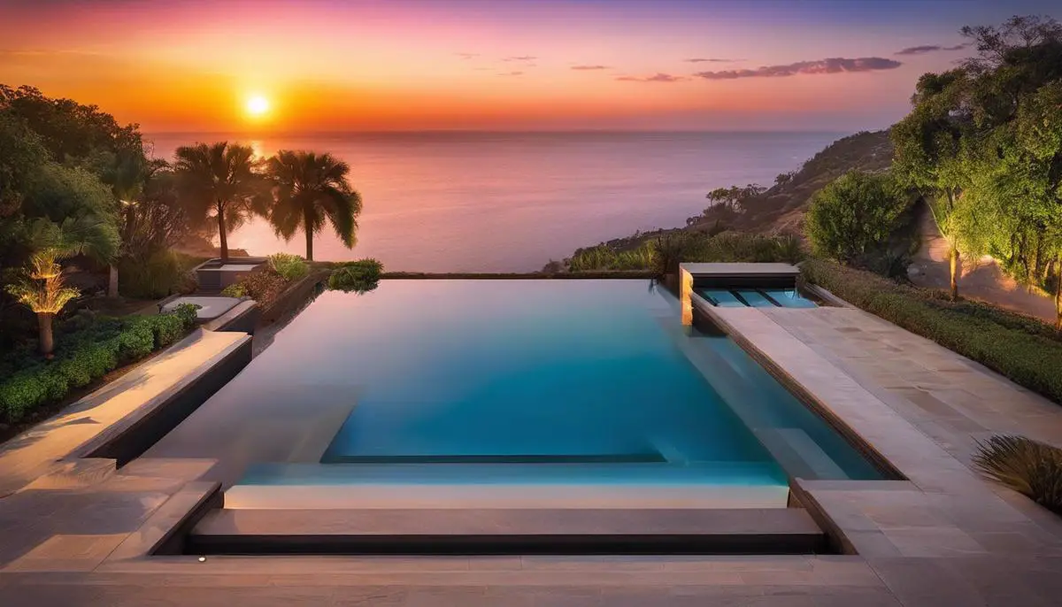 A serene image of a pool at sunset, symbolizing the various themes explored in pool dreams such as control, social interactions, success, personal boundaries, health, vitality, leisure, and escape.