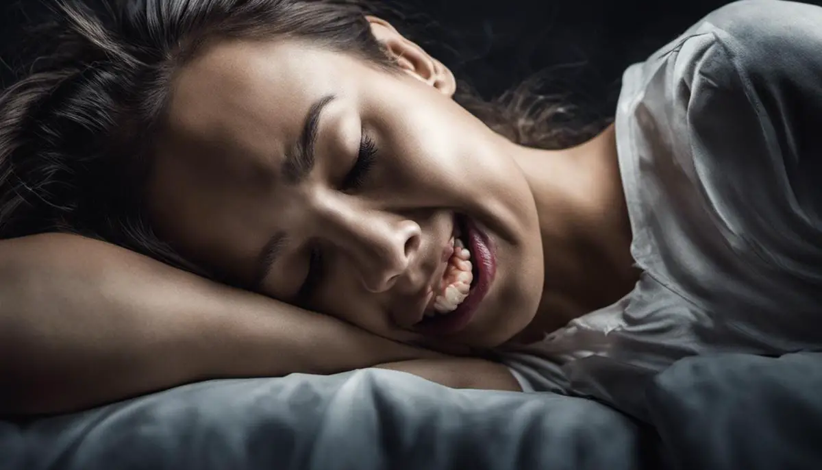 Image depicting a person sleeping and having dreams, with teeth decaying and falling out, symbolizing the topic of tooth decay dreams.