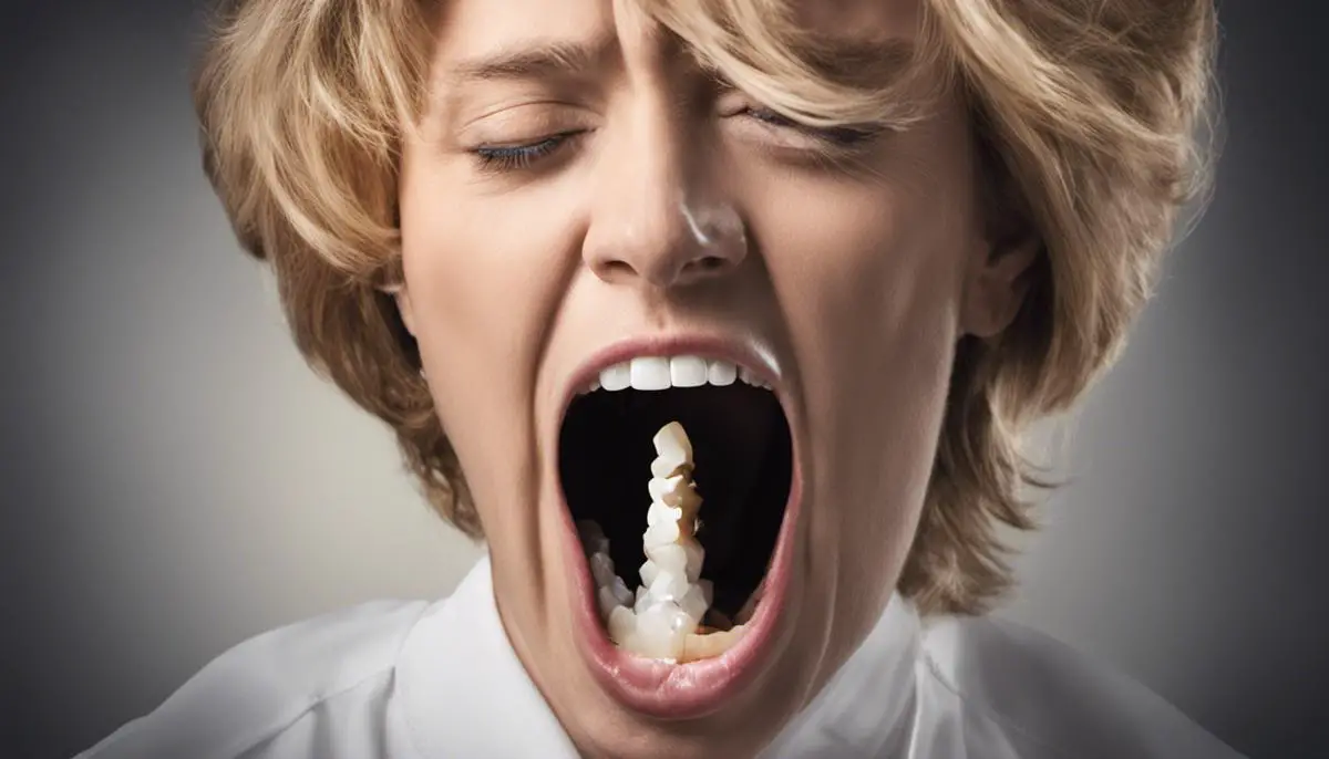 Image depicting a person with a worried expression and a tooth falling out, representing the theme of dreams about losing teeth.