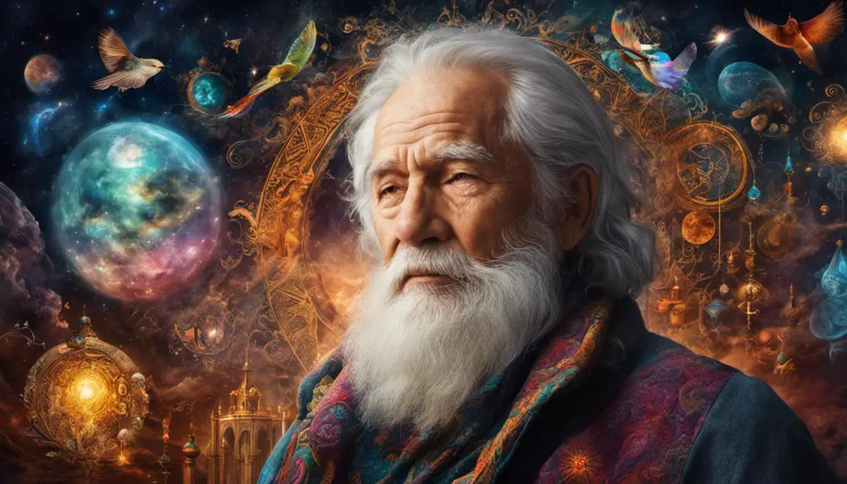 An image depicting an old man surrounded by dream-like symbols and colors, representing the concept of understanding dream archetypes.