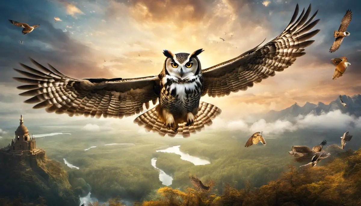 Image depicting an owl flying above a dreamy landscape with symbols and objects floating around, representing the concept of dream symbolism.