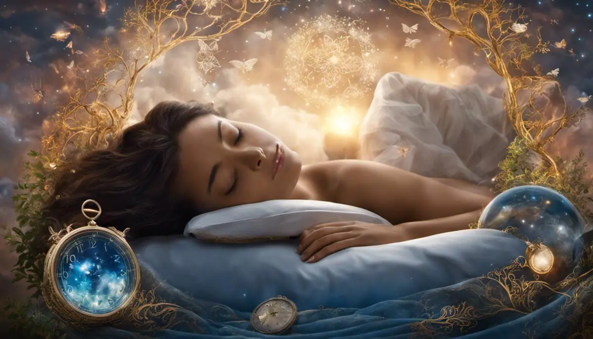 An image depicting someone sleeping with dream symbols floating around them, representing the subconscious nature of dreams.