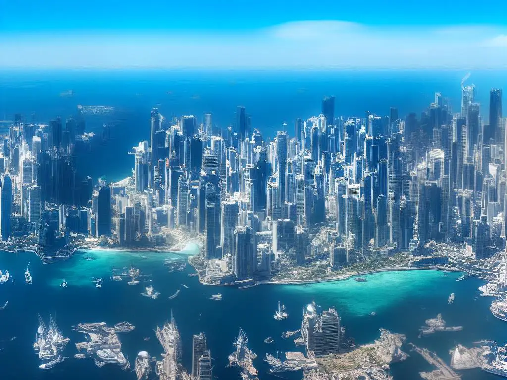 An image of a futuristic underwater city with tall skyscrapers surrounded by marine life and ships in the background.
