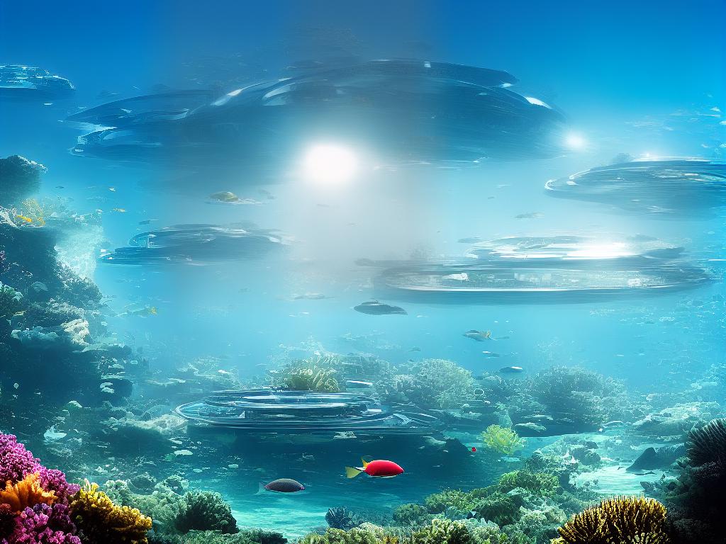A futuristic underwater city with transparent domes, surrounded by marine life.