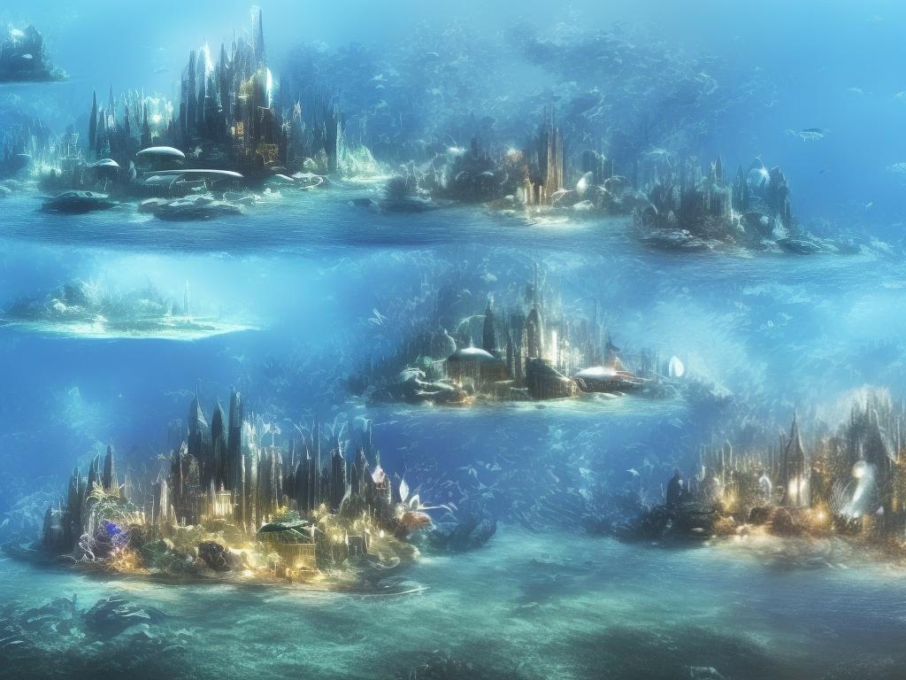 Illustration of underwater cities, with futuristic buildings and structures submerged in water and surrounded by marine life