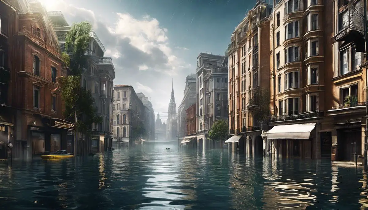An image illustrating a flooded cityscape with submerged buildings and water covering the streets.