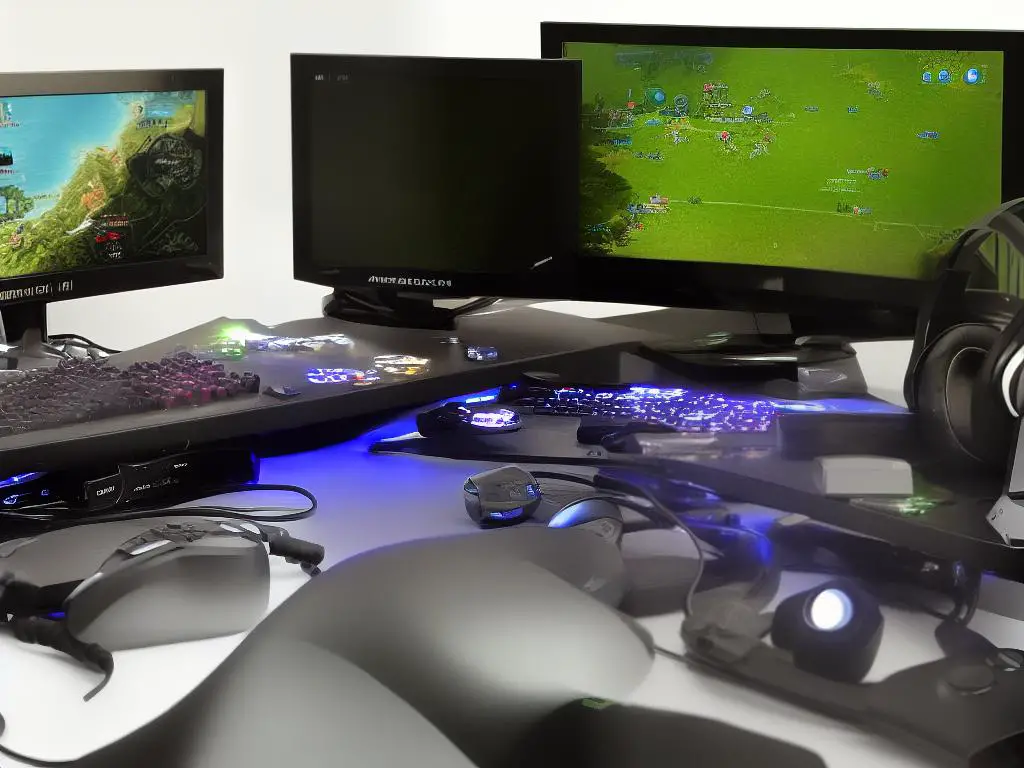 A gamer's computer desk with a monitor showing a video game world, keyboard, and mouse, along with gaming figurines and a headset.