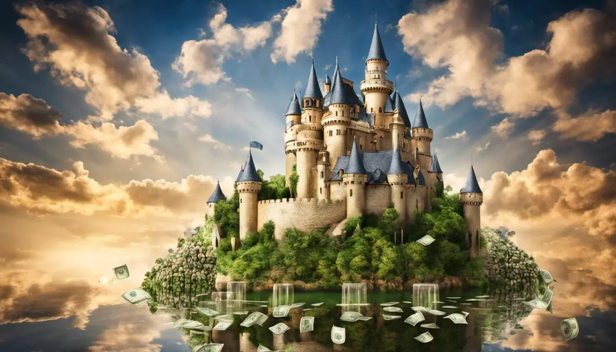 An image of a dreamlike castle surrounded by moneybags, representing wealth dreams