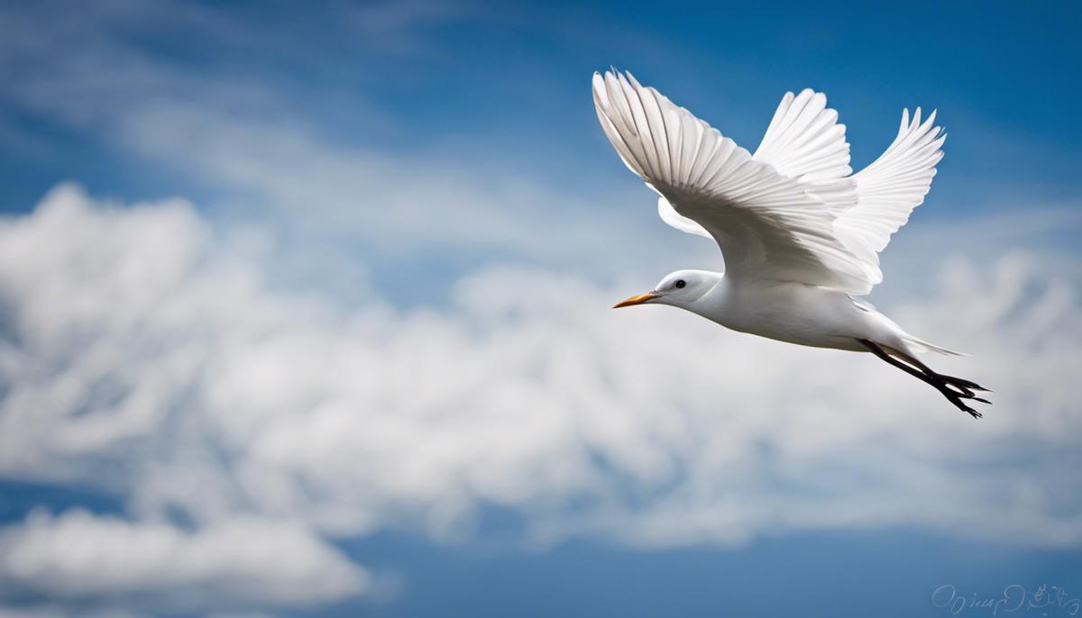 A serene image of a white bird flying in a blue sky.