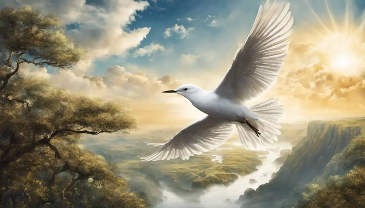 Illustration of a white bird flying over a spiritual landscape