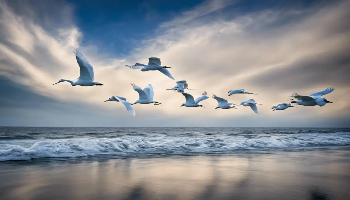 A serene image of white birds flying across a clear blue sky.