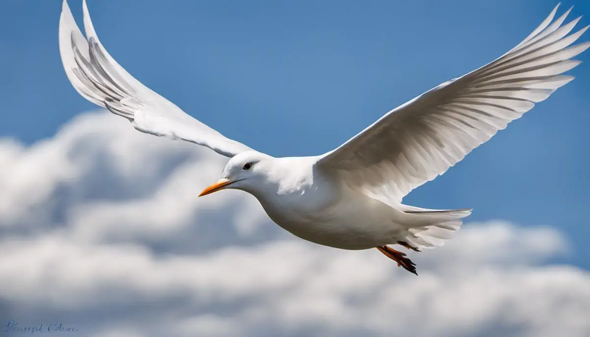 A serene image of a white bird flying against a blue sky.