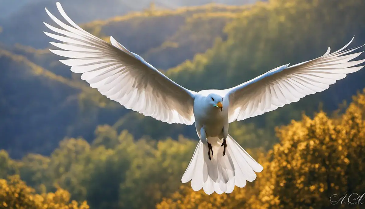 A majestic white bird flying gracefully in the sky.