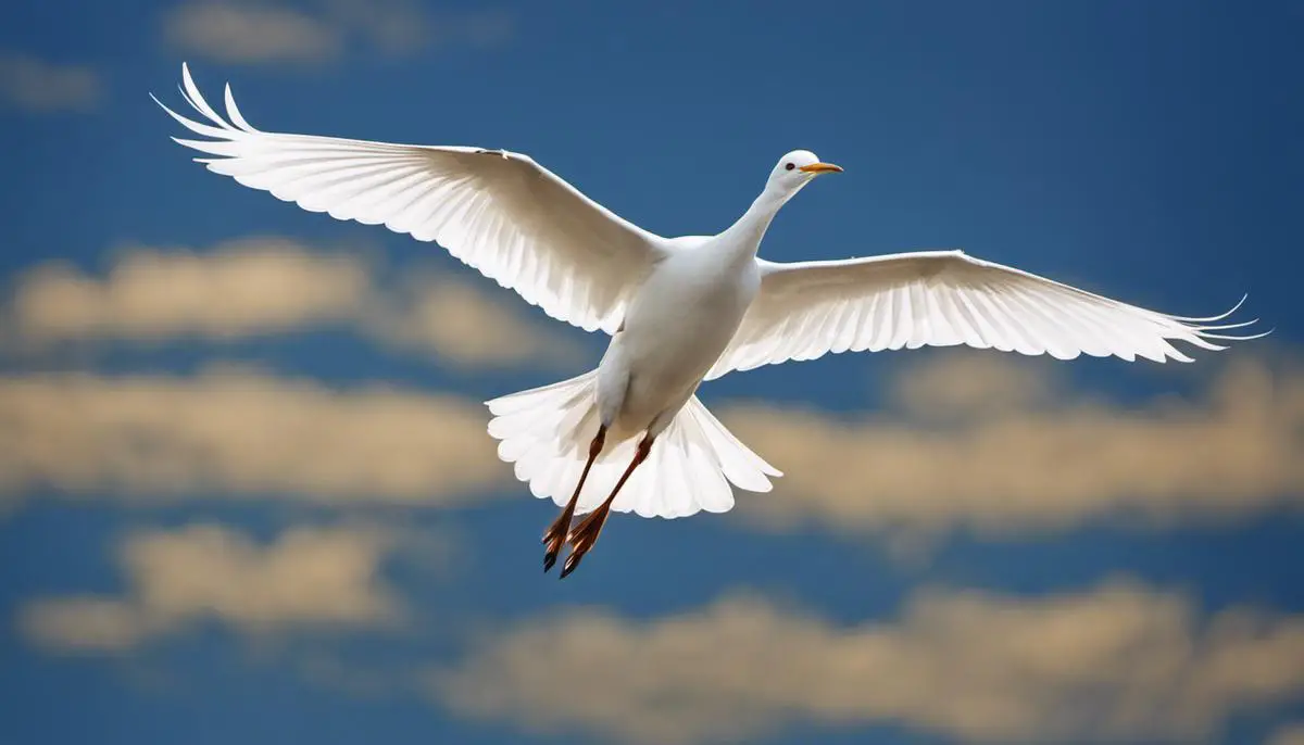 A white bird flying gracefully in the clear blue sky.