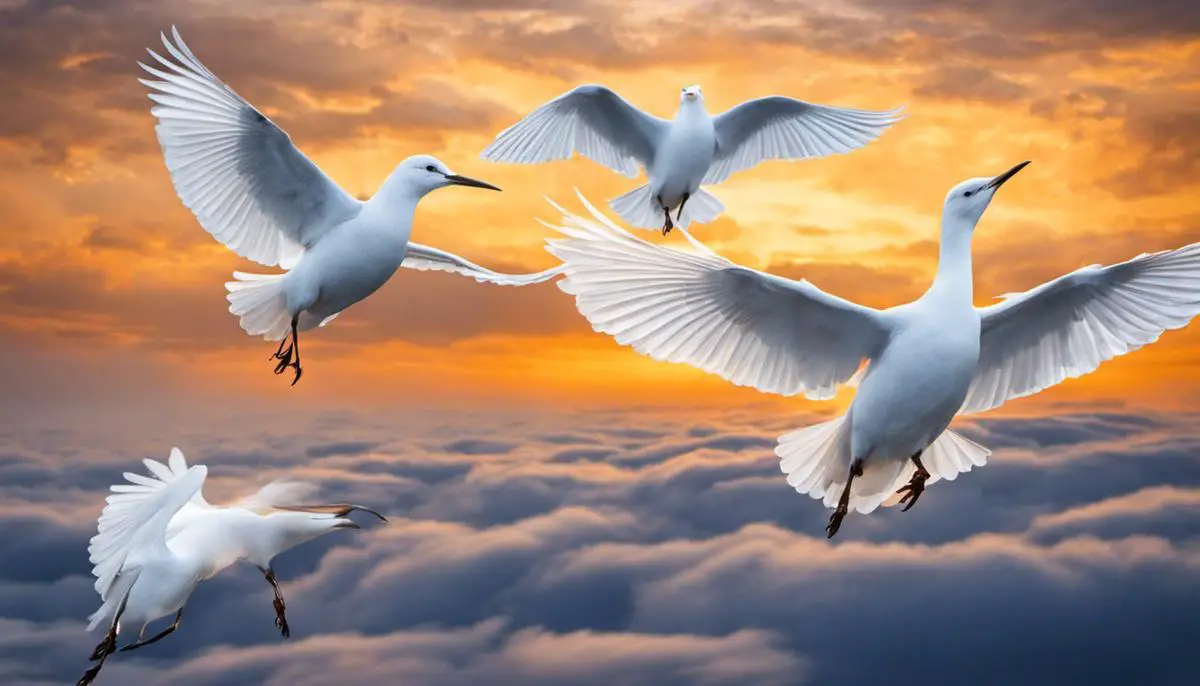 An image of white birds flying in the sky representing their symbolism and importance in different cultures and beliefs.