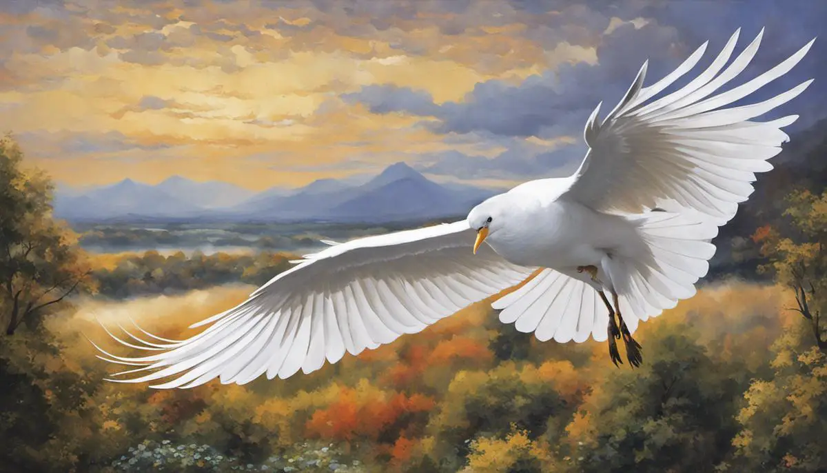 A white bird soaring in the sky, symbolizing peace, purity, and spiritual growth in Eastern cultures.