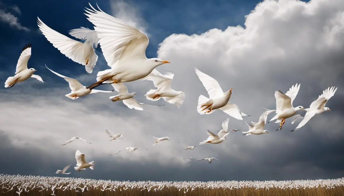 Image description: A flock of white birds soaring through the sky.