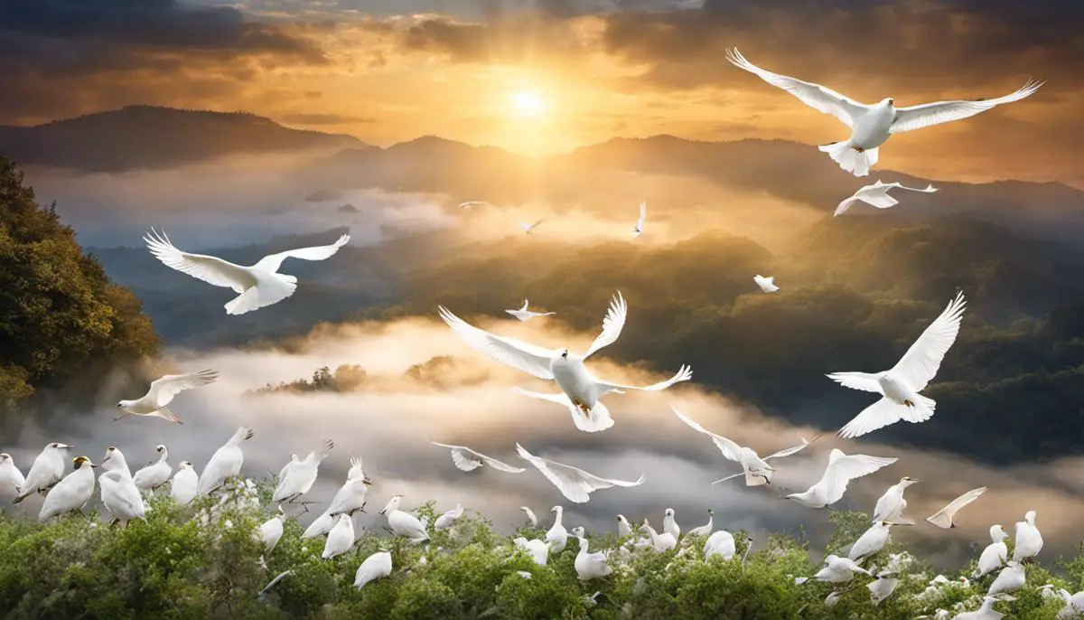 Image of white birds flying in the sky, symbolizing the prophetic meaning of white birds in dreams