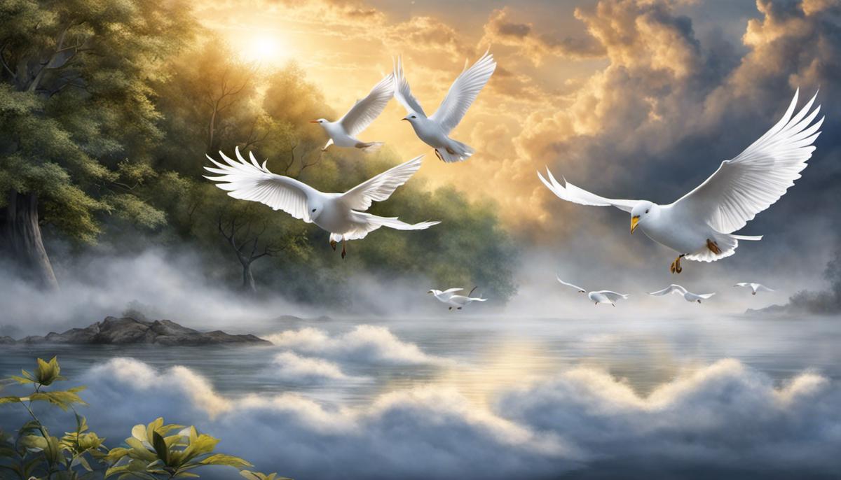 Illustration of white birds flying in the sky, representing the symbolism and meanings behind white birds in dreams
