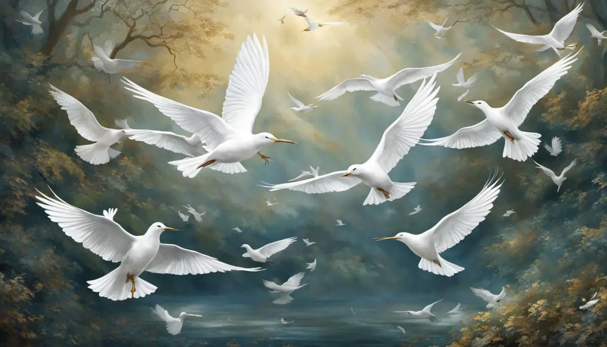 Illustration of white birds flying in a dream, representing spirituality, peace, and new beginnings.
