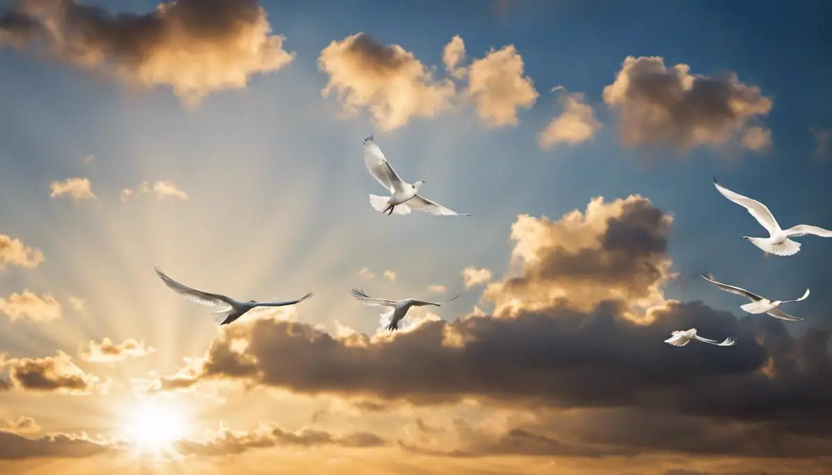 Image of white birds flying in the sky symbolizing peace, freedom, and spirituality
