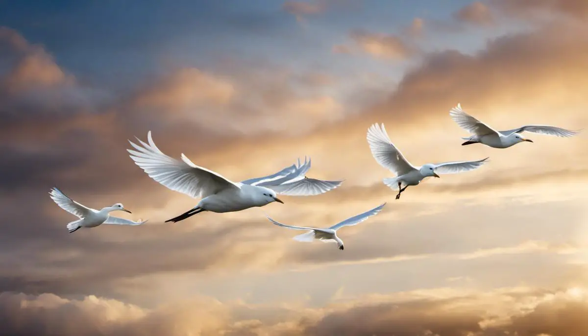 Image of white birds flying in the sky