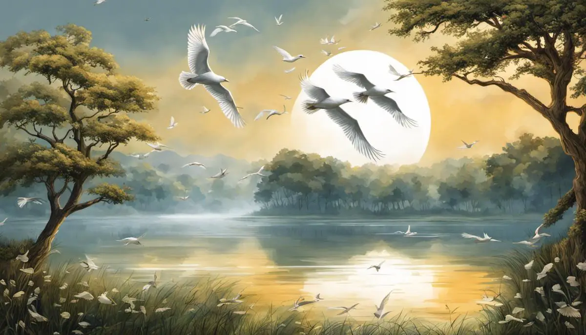 Illustration of white birds flying above a tranquil landscape
